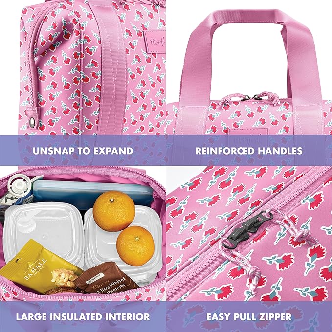 Fit & Fresh Remi Lunch Bag for Women Work – Neoprene Lunch Tote with Containers & Ice Pack, Reusable Meal Prep Lunch Box, Large Capacity, Machine Washable, Sweet Pink Block