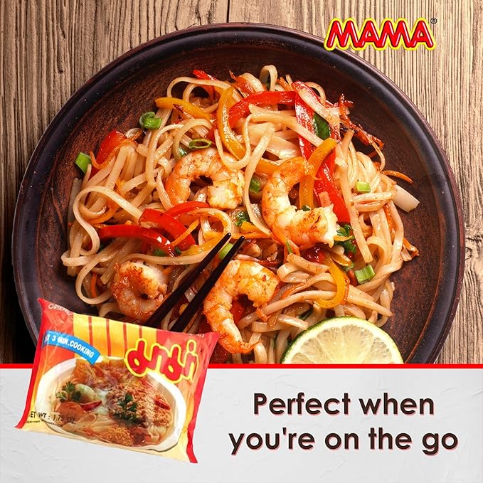 MAMA Noodles Creamy Shrimp Tom Yum Instant Spicy Noodles w/Delicious Thai Flavors, Hot & Spicy w/Creamy Shrimp Tom Yum Soup Base, No Trans Fat w/Fewer Calories Than Deep Fried Noodles 30 Pack