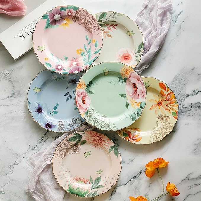 BTaT- Porcelain Floral Plates, 8 inch, Set of 6, Royal Dessert Plates, Appetizer Plates, Floral Plates, Salad Plates, Small Plates, Small Plates Set, Small Dishes, Dinnerware