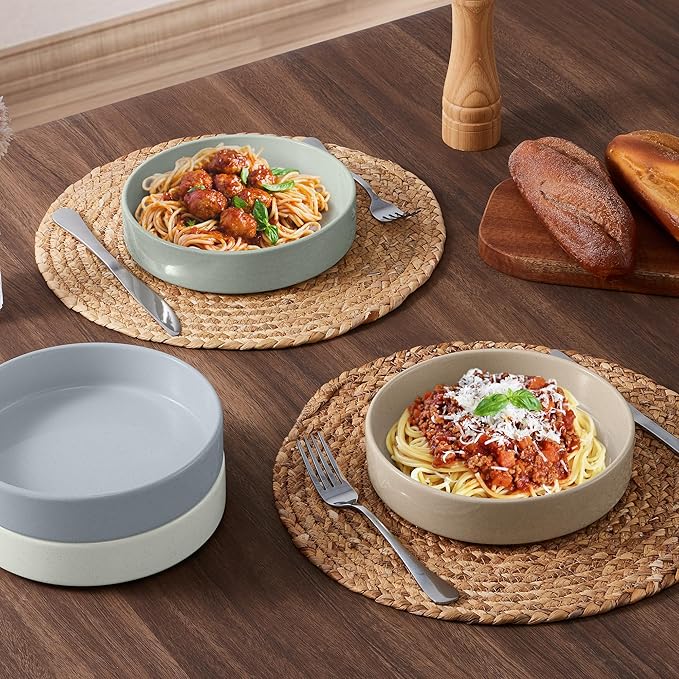 E-far Pasta Bowls Set of 4, 35oz Ceramic Large Salad Bowl Plates for Serving Soup Dinner, Shallow Stoneware Pasta Plate, Microwave & Dishwasher Safe, Speckled Multicolor