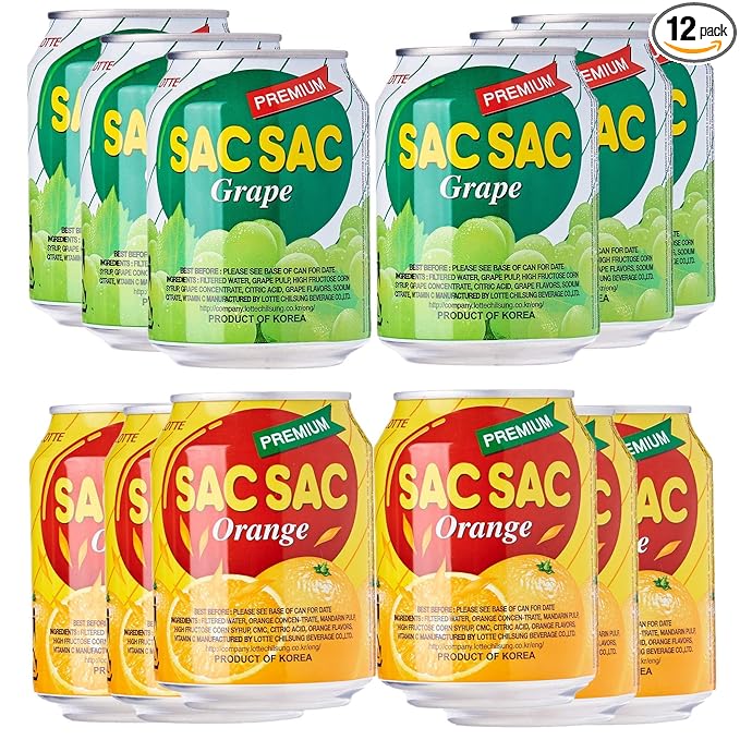 Korean Best Variety Energy Drink Box Deal - SACSAC, RICE PUNCH, PEAR JUICE - (SACSAC ORANG + GRAPE, 12 CANS)