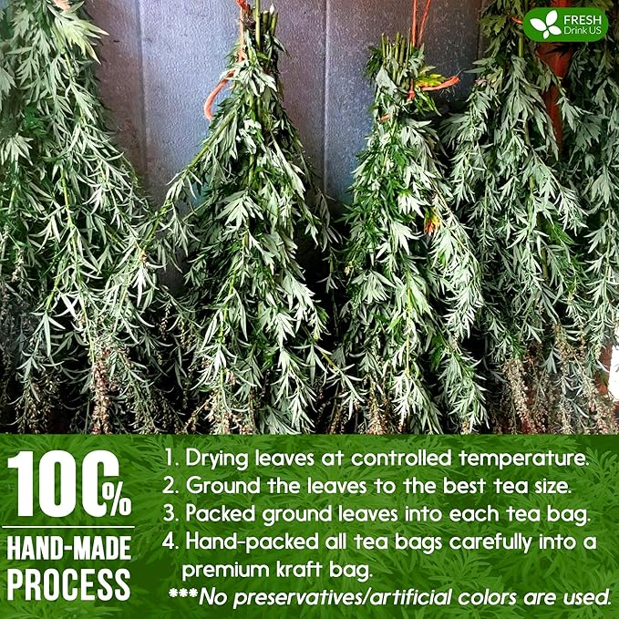 FRESHDRINKUS, Premium 120 Mugwort Leaf Tea Bags, 100% Natural and Pure Mugwort Leaves. No Sugar, No Caffeine, No Gluten, Vegan.