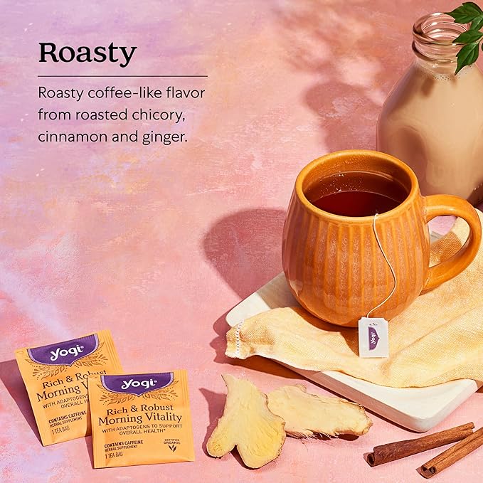 Yogi Tea Rich & Robust Morning Vitality Tea - 16 Bags per Pack (4 Packs) - Organic Adaptogen Tea Perfect for the Morning - Includes Puerh Tea Leaf, Roasted Chicory Root, Cinnamon Bark & More