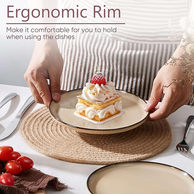Herogo Ceramic 7.9 Inch Dinner Dessert Plates Set of 6, Small Stoneware Dinnerware Plate Set, Double Reactive Glaze Large Dinnerware Plates for Kitchen, Microwave, Oven & Dishwasher Safe, Cream Khaki