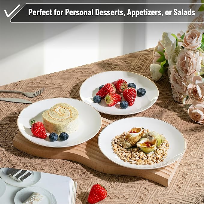 BTaT- White Dessert Plates with Gold Rim, Set of 6, 8" Round, Porcelain, Elegant Style, Dinner Plates