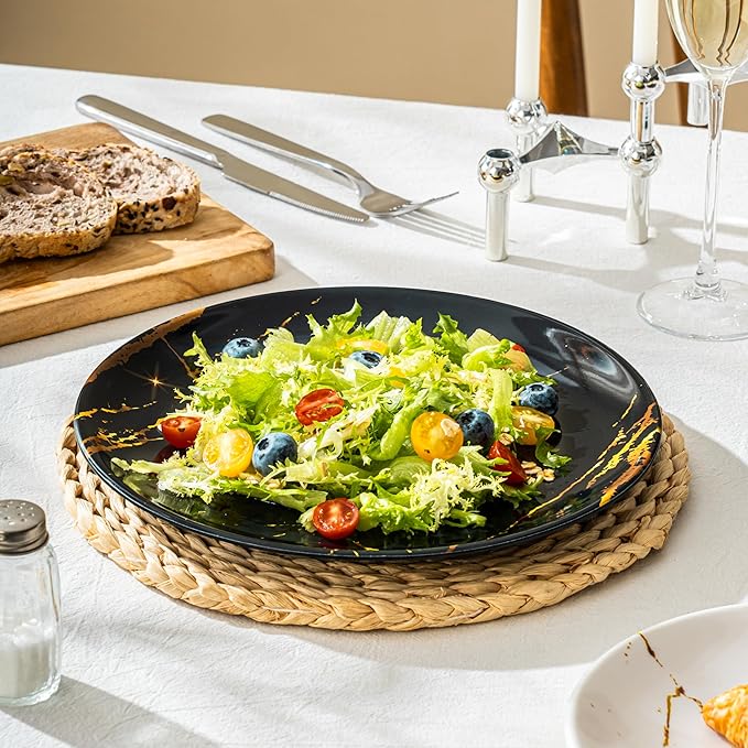 UNK U 10.5-Inch Marble Melamine Plates Set of 6, Black and White Marble Dinner Plates with Gold Accents, Dishwasher Safe Modern Plates for Wedding Dining & Special Events