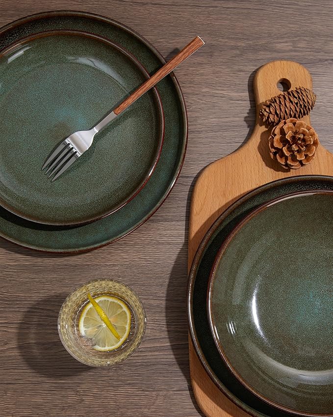 Pokini 32 Piece Double Bowl Dinnerware Sets with Pasta Bowls, Highly Chip and Crack Resistant Plates and Bowls Sets, Natural Earthyware Ceramic Dishware Sets, Service for 8 Brown Green