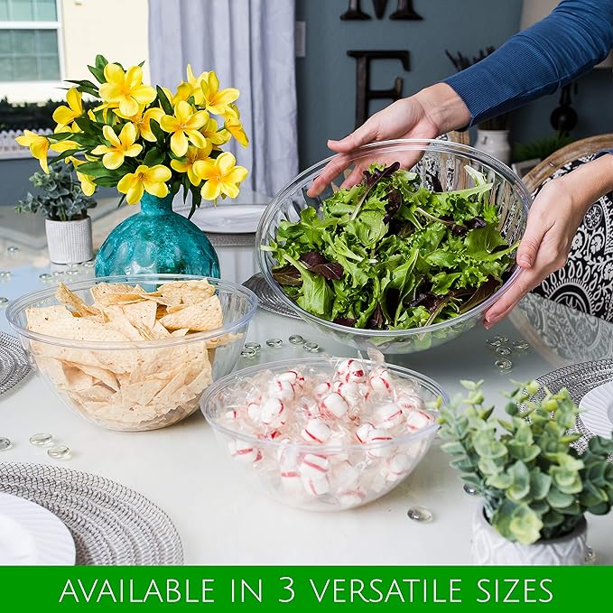 PLASTICPRO Disposable 150 Ounce Round Crystal Clear Plastic Serving Bowls, With Lids Party Snack or Salad Bowl, Chip Bowls, Snack Bowls, Candy Dish, Salad Container Pack of 8 Dough Rising Bowls