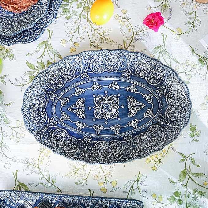 Sungmor Embossed Stoneware Fine Dining Dinnerware, Antique Baroque Style Porcelain Serving Platter, Set of 2 & 16 Inch Oval Large Serving Plates, Sophisticated Ceramic Serving Dish Party Table Decor
