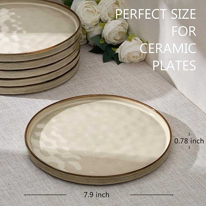 LIANYU Ceramic Plates Set for 4, 7.9In Porcelain Dinner Salad Appetizer Plates for Kitchen, Modern Round Stoneware Dining Dish Set, Scratch Resistant, Microwave, Oven and Dishwasher Safe, Sandy Beige