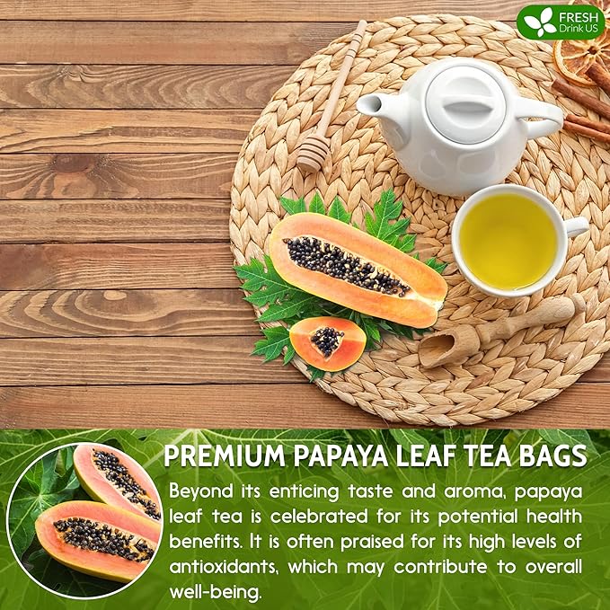 FreshDrinkUS, Premium 40 Papaya Leaf Tea Bags, 100% Natural & Pure from Papaya Leaves. Loose Leaf Herbal Tea. Made with Natural Material Tea Bags. No Sugar, No Caffeine, No Gluten, Vegan.