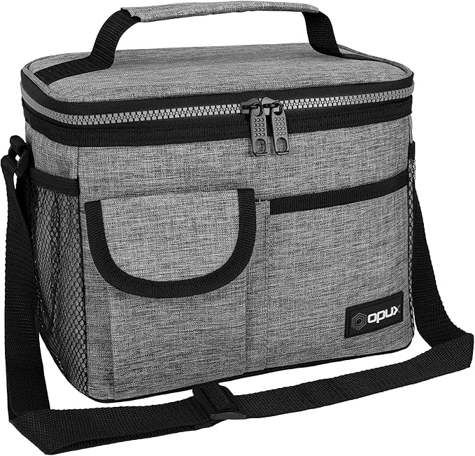 opux Insulated Lunch Box for Men Women Kids, Leakproof Reusable Lunch Bag Cooler for Work School Office, Soft Thermal Lunchbox Tote with Shoulder Strap for Boys Girls Adults, Heather Gray, 14 Can/8L