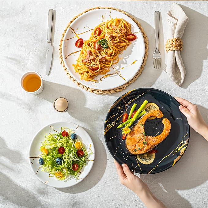 UNK U 10.5-Inch Marble Melamine Plates Set of 6, Black and White Marble Dinner Plates with Gold Accents, Dishwasher Safe Modern Plates for Wedding Dining & Special Events