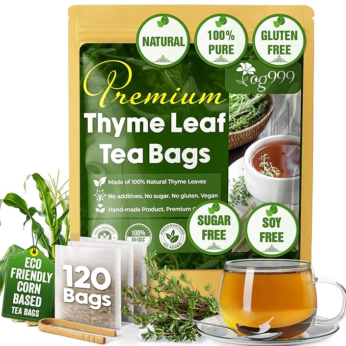 TOG999, Premium 120 Thyme Leaf Tea Bags, 100% Natural & Pure. Loose Leaf Thyme Herbal Tea. No Sugar, No Caffeine, No Gluten, Vegan.