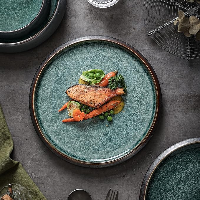 Uaral Dinner Plates, 10.5-Inch Ceramic Two-Tone Color Glaze Large Kitchen Plates - Set of 2 (Black and Blue)