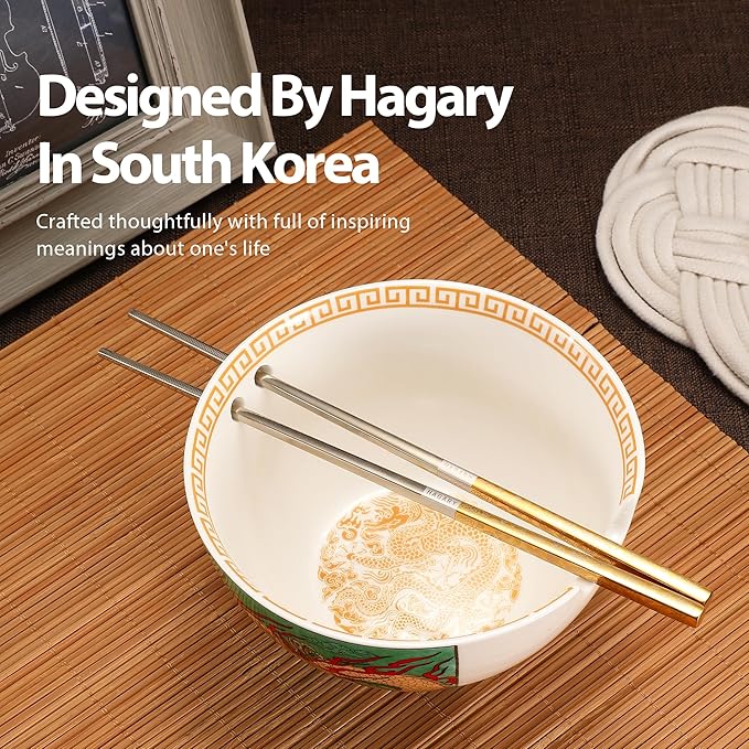 Hagary Dragon Ramen Bowl Ceramic Bowl Japanese Style Udon Miso Noodle Rice Soup Bowls with Stainless Steel Chopsticks Housewarming Wedding Gifts Designed in Korea (Gold, 20 oz)