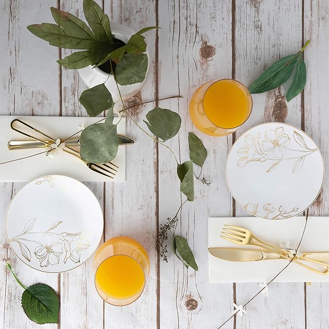 [6'' Plates 10 Count] White Plastic Floral Design Party Plates With Gold Rim Premium heavyweight Elegant Disposable Tableware Dishes