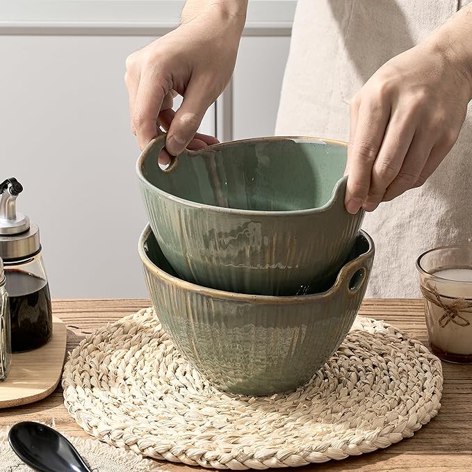 Ramen Bowl with Chopsticks and Spoons Set, 7 Inch Ceramic Noodle Bowl Set of 2, Dishwasher Safe for Pho Udon Soba Noodle Salad Pasta, Special Reactive Wild Sage Earth Bowls Set