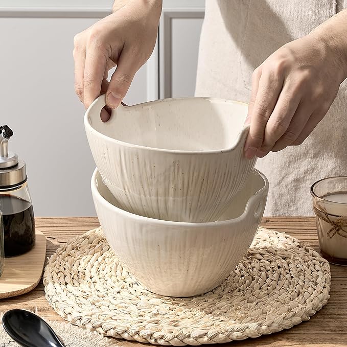 Ramen Bowl with Chopsticks and Spoons Set, 7 Inch Ceramic Noodle Bowl Set of 2, Dishwasher Safe for Pho Udon Soba Noodle Salad Pasta, Special Glazed Aged Ivory Speckle Bowls Set