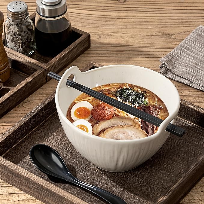 Ramen Bowl with Chopsticks and Spoons Set, 7 Inch Ceramic Noodle Bowl Set of 2, Dishwasher Safe for Pho Udon Soba Noodle Salad Pasta, Special Glazed Aged Ivory Speckle Bowls Set
