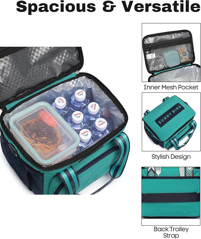 SUNNY BIRD 12L Large Insulated Lunch Bag, Leakproof and Foldable Lunch Cooler Box for Women Adult and Men, Fits 18 Cans (Turquoise Green)