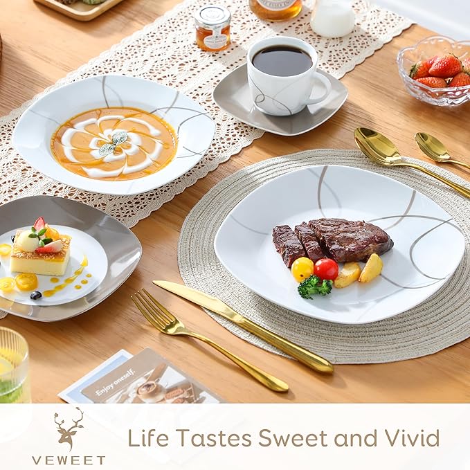 VEWEET 'Nikita' 30-Piece Dinner Set Ivory White Brown Lines Porcelain China Ceramic Combination Sets of Dessert Plates/Soup Plates/Dinner Plates/Cups/Saucers Service for 6