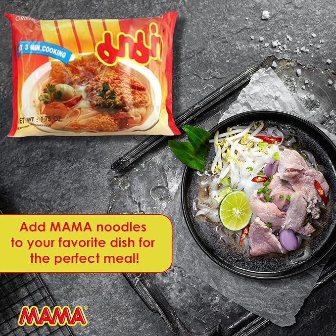 MAMA Noodles Creamy Shrimp Tom Yum Instant Spicy Noodles w/Delicious Thai Flavors, Hot & Spicy w/Creamy Shrimp Tom Yum Soup Base, No Trans Fat w/Fewer Calories Than Deep Fried Noodles 30 Pack