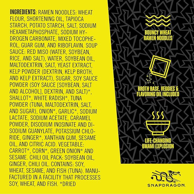Snapdragon Miso Ramen Cup Noodles - 6 Pack Instant Ramen Bowl with Authentic Wheat Noodles, Soup Sauce Base, Vege Pack and Flavoring Chili Oil. Microwave or Hot Water, Easy Meal Prep