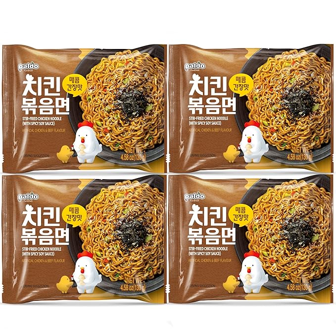 Paldo Fun & Yum Stir-Fried Chicken Instant Noodles, Brothless Ramen with Spicy Soy Seasoning Sauce, Best Oriental Style Korean Ramyun Noodle, Soupless K-Food, 매콤 치킨 볶음면 130g x 4 Pack