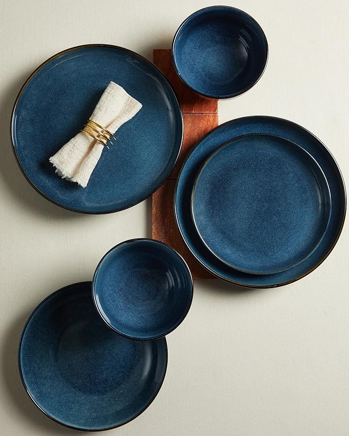 Pokini 16 Piece Double Bowl Dinnerware Sets with Pasta Bowls, Highly Chip and Crack Resistant Plates and Bowls Sets, Natural Earthyware Ceramic Dishware Sets, Service for 4 Starry Blue