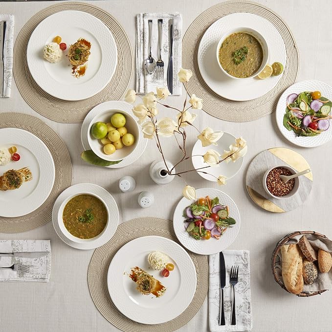TTU Tabletops Gallery Embossed Bone White Porcelain Round Dinnerware Collection- Chip Resistant Scratch Resistant, Dubai 12 Piece Dinnerware Set (Dinner Plate, Salad Plate, Cereal Bowl)