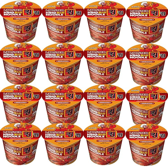 Paldo Fun & Yum Sriracha Lobster Instant King Cup Noodles with Soup, Sriracha Lobster Seafood Flavor Based Broth, Best Oriental Style, Original Korean Ramyun, 110g 3.88oz (Pack of 16)