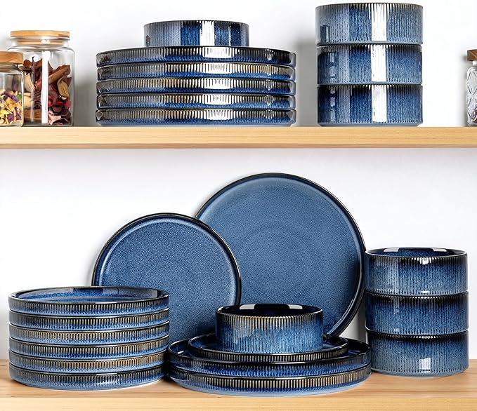 TheTerra Ceramic Dinnerware Sets for 8, 24 Pieces Porcelain Lightweight Plates and Bowls Sets, Scratch Resistant Dish Set, Oven & Microwave & Dishwasher Safe, Starry Blue