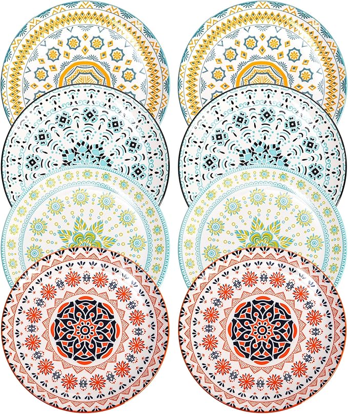 Foraineam 8 Pieces 8 Inch Round Porcelain Salad Plates, Decorative Appetizer Plates Dessert Dishes, Colorful Floral Serving Dishes for Luncheon, Steak, Fruit, Snack, Microwave and Dishwasher Safe