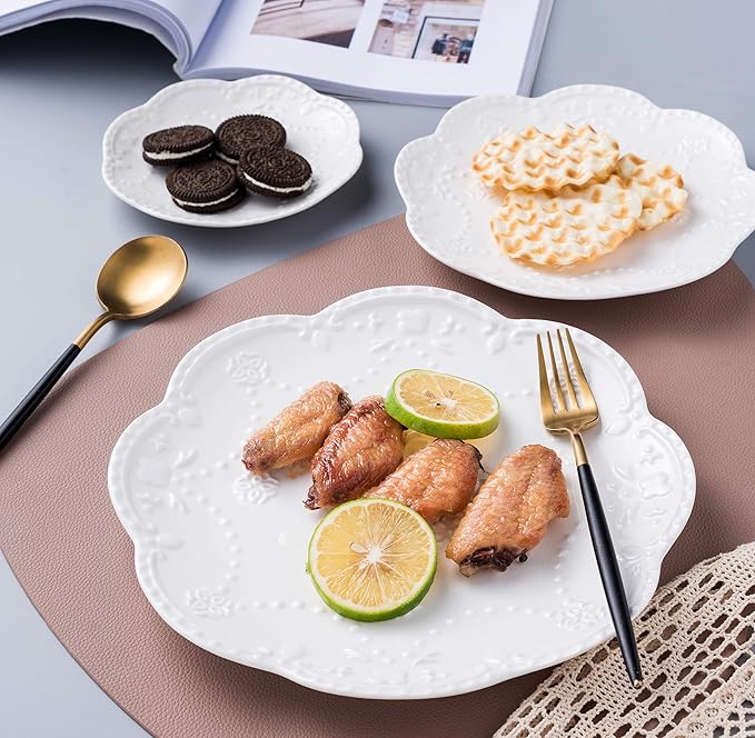CLAY TONIC 10 In Embossed Lace White Porcelain Plate-Dinner Plate Set, Pasta/Salad/Dessert Plate Tableware Set for Restaurant Family Party Kitchen Use -4 Plates, CL-PL015 (10 Inche, White)