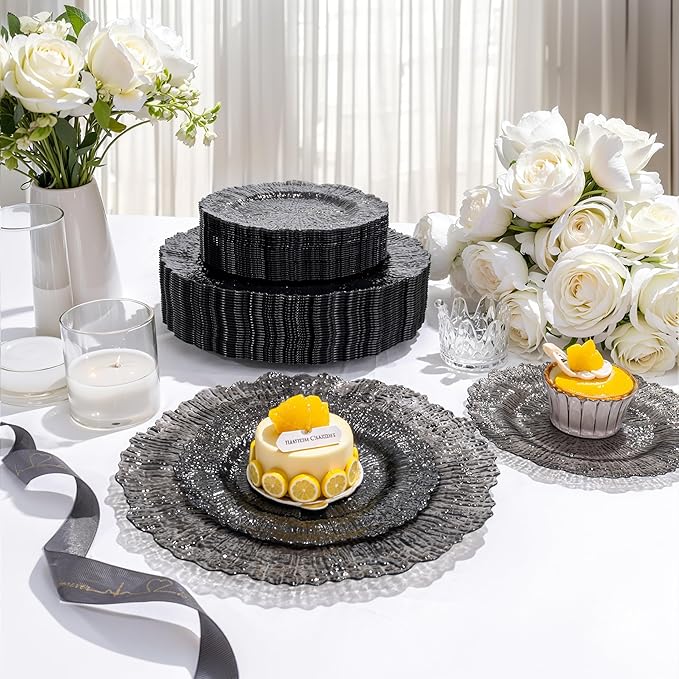 U-QE 60PCS Clear Black Plastic Plates, Heavy Duty Black Disposable Plates Including 30PCS 10'' Dinner & 30PCS 7'' Dessert Plates -Hard Plastic Platos for Party & Wedding & Birthday