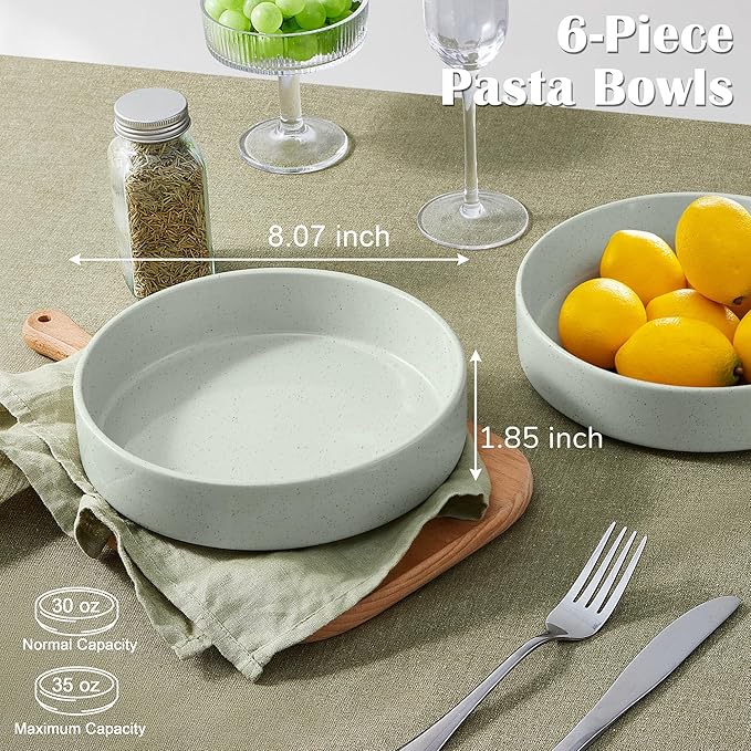 E-far Pasta Bowls Set of 6, 35 oz Large Stoneware Bowl Plates | Shallow & Wide Ceramic Pasta Serving Plates for Salad Dinner Soup | Microwave & Dishwasher Safe, Speckled Green