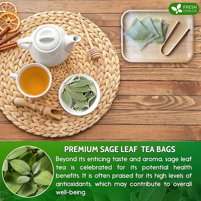 FreshDrinkUS, 75 Sage Leaf Tea Bags, 100% Natural & Pure from Sage Leaves. Loose Leaf Sage Herbal Tea. Sage Leaf Tea. Made with Natural Material Tea Bags. No Sugar, No Caffeine, No Gluten, Vegan.
