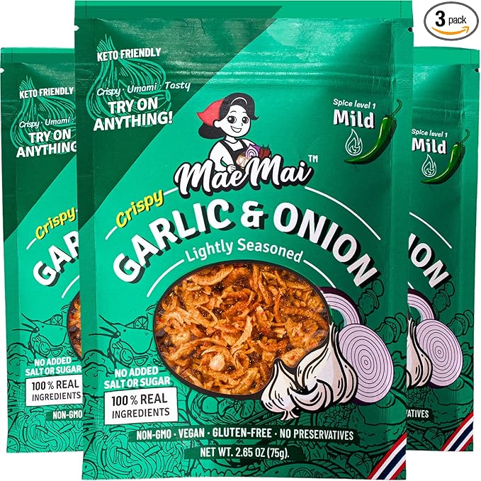 MaeMai Crispy Onion Garlic Flakes (MILD) Value Pack – Light Heat Crunchy Fried Onion & Garlic, Ramen Rice & Salad Topping, Gluten Free, Vegan, 9.51 oz (270g) – 3 Pack