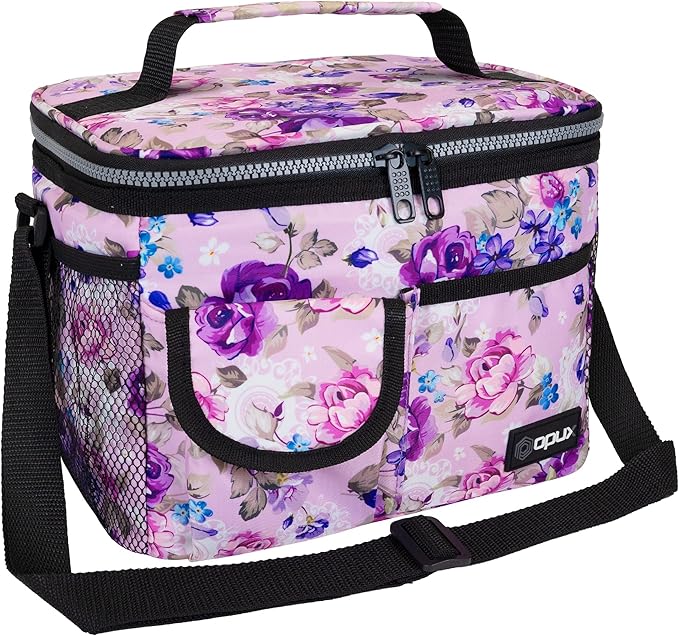 opux Insulated Lunch Box for Men Women Kids, Leakproof Reusable Lunch Bag Cooler for Work School Office, Soft Thermal Lunchbox Tote Shoulder Strap for Boys Girls Adults, Floral Purple, 14 Can/8L