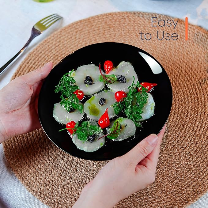 LaGlint 7.5 inch Appetizer Plate Set of 6, Lightweight Opal Glass Round Black Salad Plates for Dessert Kitchen, Dishwasher and Microwave Safe