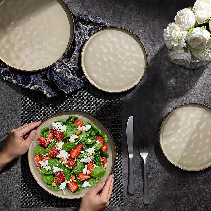 LIANYU Ceramic Plates Set for 4, 7.9In Porcelain Dinner Salad Appetizer Plates for Kitchen, Modern Round Stoneware Dining Dish Set, Scratch Resistant, Microwave, Oven and Dishwasher Safe, Sandy Beige