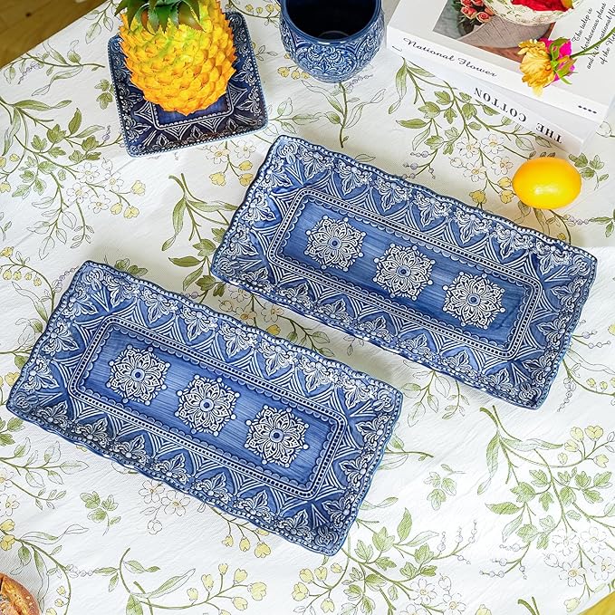 Sungmor Embossed Stoneware Fine Dining Dinnerware, Antique Baroque Style 14" Long Rectangular Porcelain Serving Platter Set of 2, Sophisticated Ceramic Dish for Party Cookies, Fruit, Cheeses & Dessert
