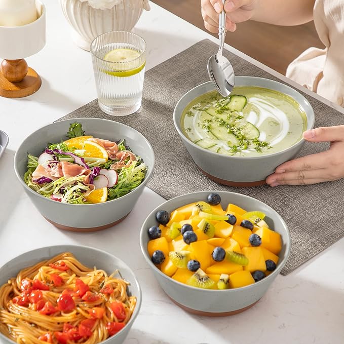MALACASA Soup Bowls, Ceramic Salad Bowls Set of 4, 36oz Ceramic Bowls for Ramen, Cereal, Fruit and Pho, Microwave & Dishwasher Safe, Speckled Deep Bowls, Grey & Brown