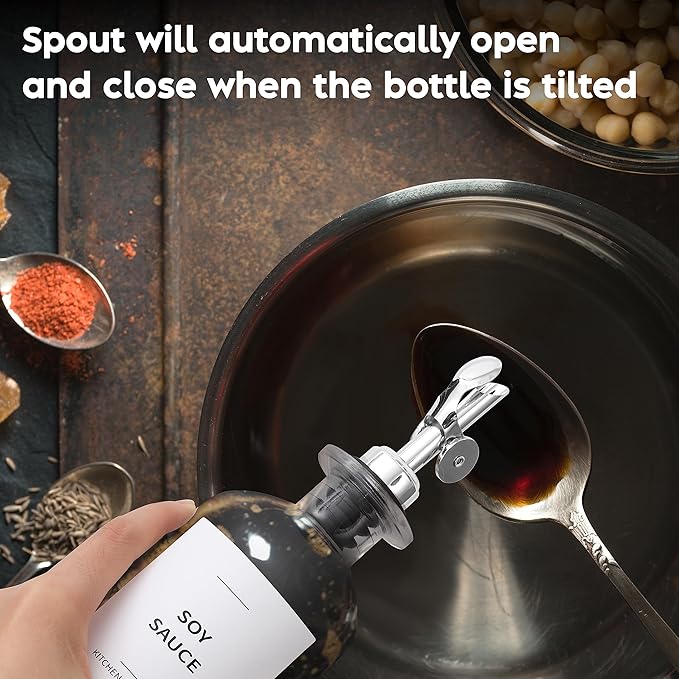 Spaceneat Oil Dispenser for Kitchen - Glass Olive Oil Bottle Set of 2 (16.9oz) with Silver Stainless Steel Weighted Self-Closing Pourer - Cooking Oil Dispenser with 66 Labels, Aligner & Funnel