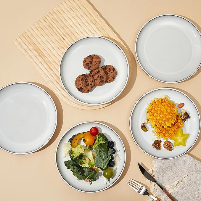 Pokini Salad Plates Set of 6, Microwave Safe Plates for Dessert, Appetizer, Scratch Resistant and Dishwasher Safe, Moonstone White