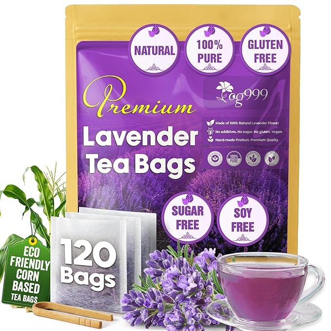 TOG999, Premium 120 Lavender Flower Tea Bags, 100% Natural & Pure. Loose Flower Lavender Herbal Tea. No Sugar, No Caffeine, No Gluten, Vegan.