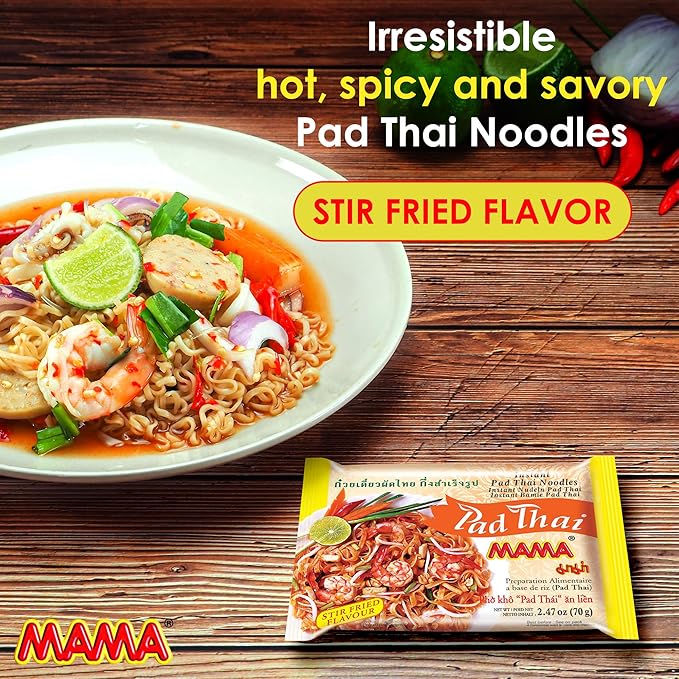 MAMA Noodles Pad Thai Instant Spicy Noodles w/Delicious Thai Flavors, Hot & Spicy Noodles w/Pad Thai Soup Base, No Trans Fat w/Fewer Calories Than Deep Fried Noodles 30 Pack