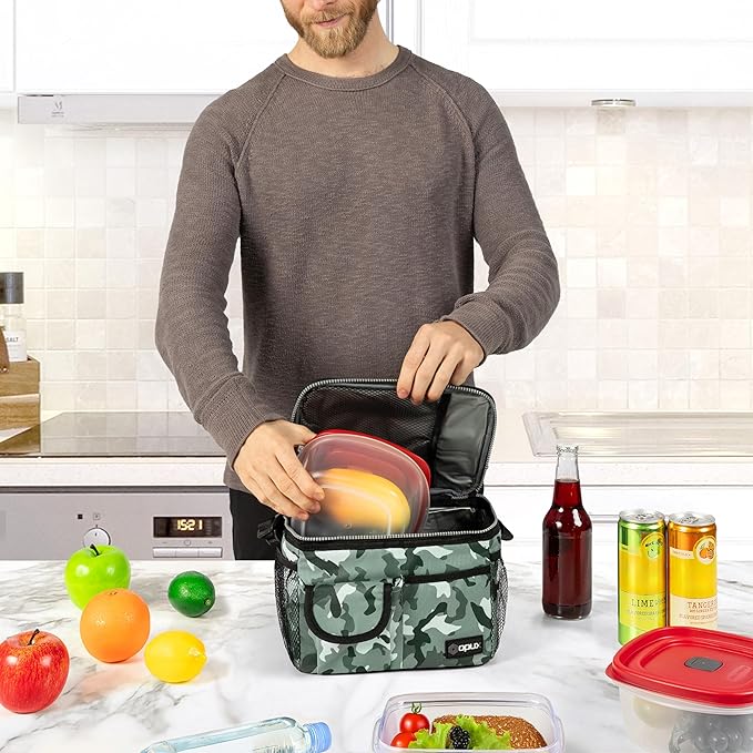 opux Insulated Lunch Box for Men Women Kids, Leakproof Reusable Lunch Bag Cooler for Work School Office, Soft Thermal Lunchbox Tote with Shoulder Strap for Boys Girls Adults, Camo Green, 14 Can/8L