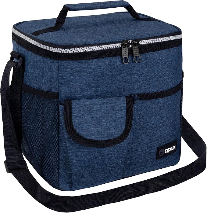 opux Insulated Lunch Box for Men Women Kids, Leakproof Reusable Lunch Bag Cooler for Work School Office, Soft Thermal Lunchbox Tote Shoulder Strap for Boys Girls Adults, Heather Navy, 18 Can/10L